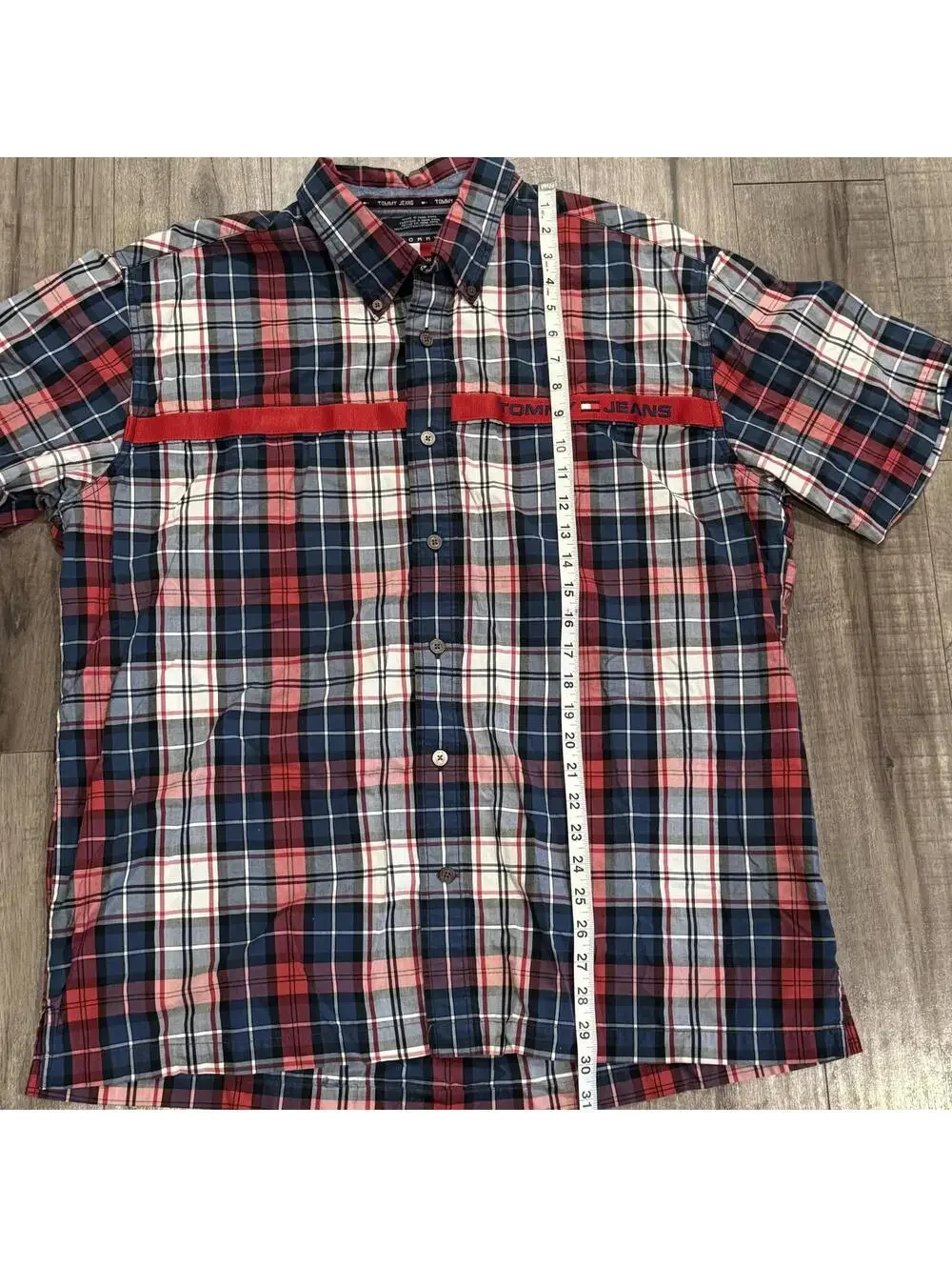Vintage Tommy Jeans Tartan Button Front Shirt‎ Red Navy White Embroidered Preppy